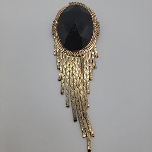 Black & Silver BROOCH Faceted Oval Stone Silver Fringe